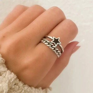 925 Sterling Silver Minimalist Black Star Ring Dainty Curb Chain Ring Boho Ring